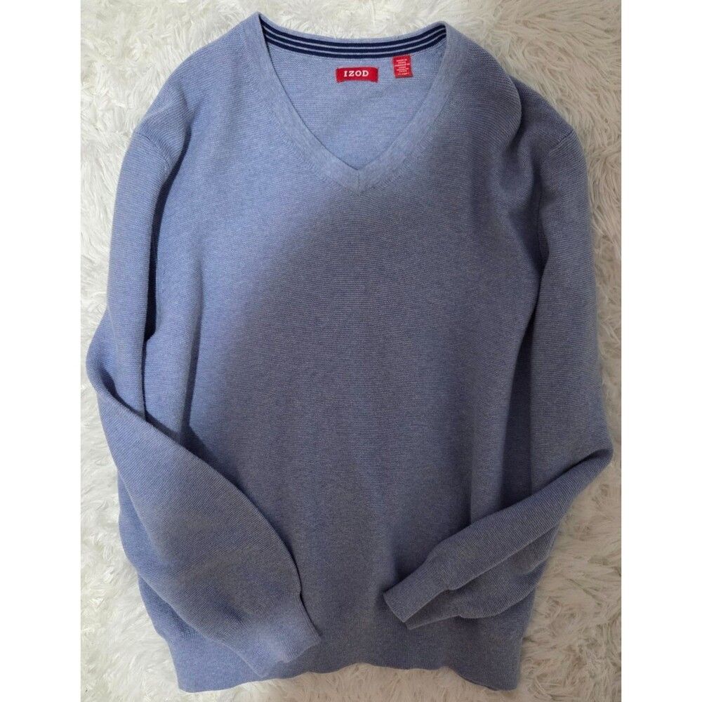 IZOD Mens XL Light Blue V Neck Sweater Cotton Knit Pullover Classic Casual
